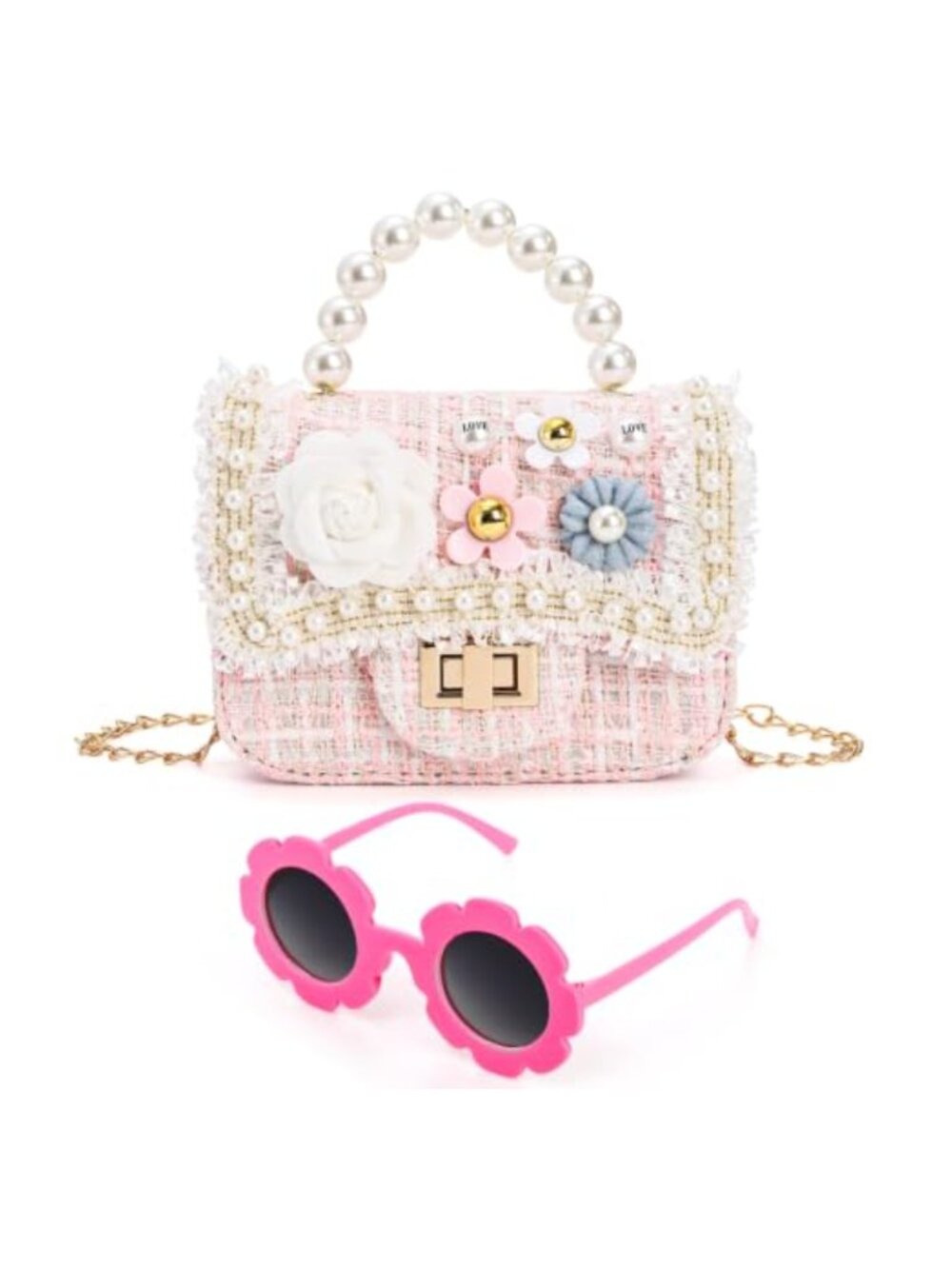 Girls Mini Purse with Sunglasses - Faux Leather Pearl Flower Chain Bag